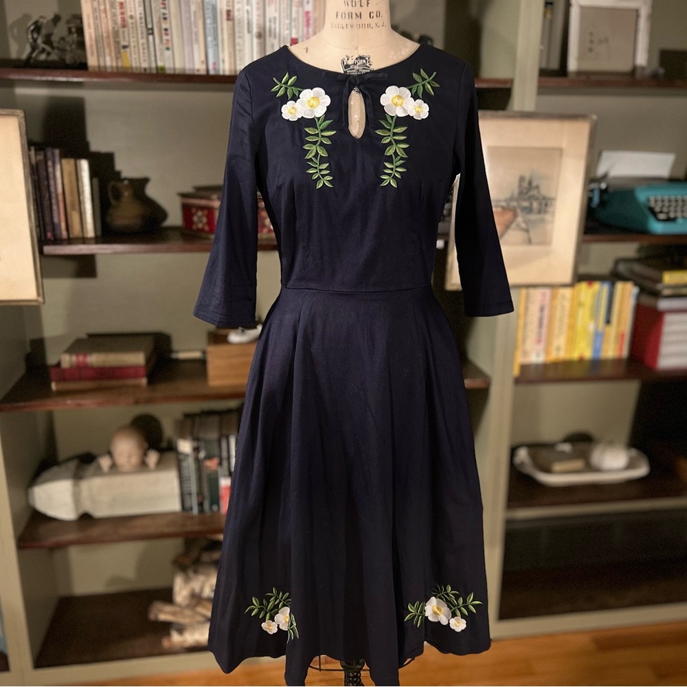 Collectif Vintage London Swing Dress ~Navy Blue with Embroidered White Camillas